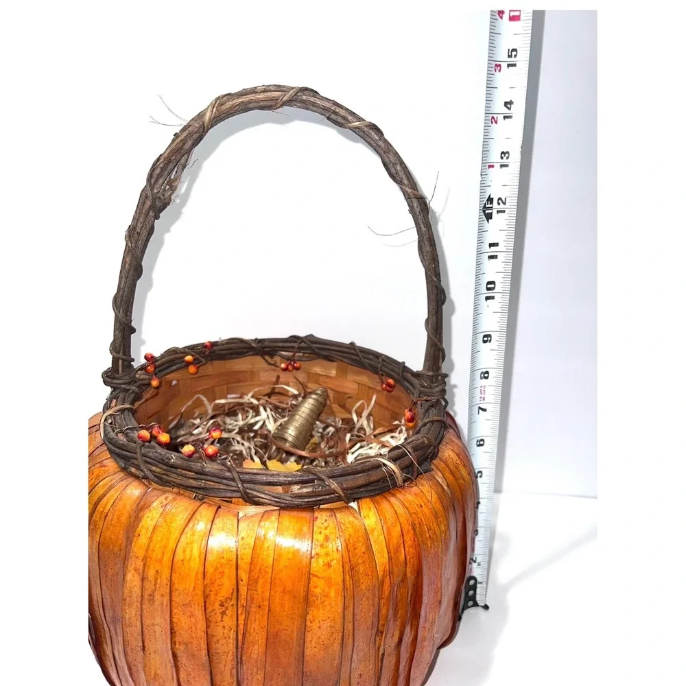 Rustic Woven Wood Pumpkin Basket Fall Harvest Decor with Grapevine Handle 14.5in
